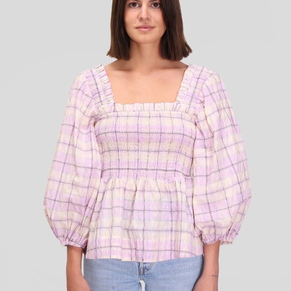 Ganni Seersucker Check Smock Top - Orchid Blossom - Picture 1 of 5
